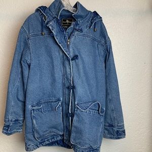 Vintage Large Brandon Thomas denim jean anorak hooded jacket toggle buttons zip
